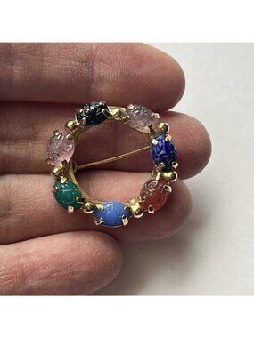 Vintage Scarab Beetle Circle Pin Brooch Gold Tone Egyptian Revival
